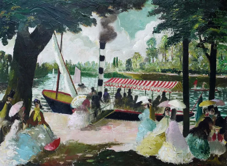 British 1950's Post Impressionist Steamboat  by Doris Zinkeisen Richard Taylor Fine Art