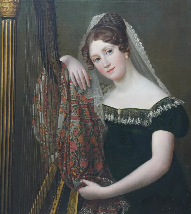 Belgian Old Master Harpist Portrait by Jan Baptiste Lodewijk Maes Richard Taylor Fine Art