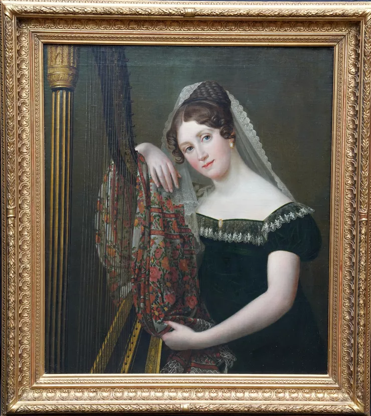 Belgian Portrait of a Harpist by Jan Baptiste Lodewijk Maes at Richard Taylor Fine Art