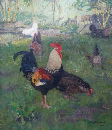 Victorian Chickens and Cockerel in a Landscape