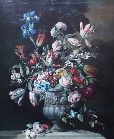 Still Life of Flowers in Ornamental Vase on Ledge