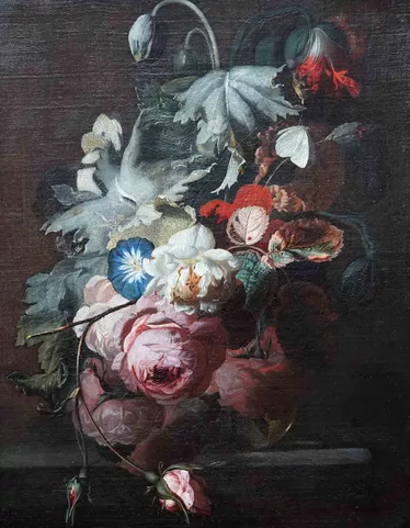 Still Life of Flowers in Glass Vase on Stone Ledge